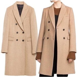 RARE Zara Tan Camel Wool Blend Double Breasted Tailored Fit Winter Trench Coat
